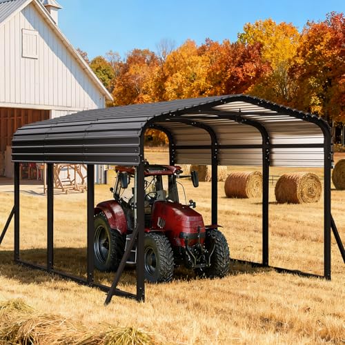 Jocoevol Heavy Duty Metal Carport Canopy, 10x15 FT Outdoor Car Port with Waterpoorf Metal Roof& Side Support Rods, Multi-Use Shelter Outdoor Garage for Car, Boats and Truck Jocoevol
