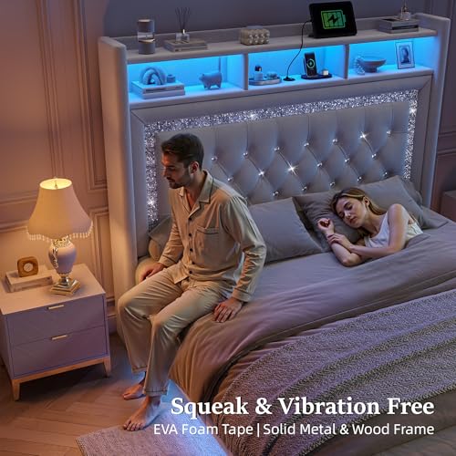 Homkdom Floating Bed Frame Queen with LED Lights & Charging Station, Upholstered Queen Bed Frame with Tall Velvet Storage Headboard, Heavy Duty Metal Slats/No Box Spring Needed/No Noise, Modern,Beige Homkdom