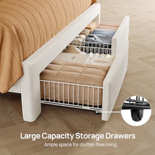 Rolanstar Queen Bed Frame with Drawers, Storage Headboard with Charging Station and LED Lights, Upholstered Bed with Heavy Duty Wood Slats, No Box Spring Needed, Noise Free, Easy Assembly, Beige Rolanstar