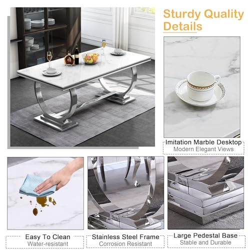 Goujxcy 7 Piece Marble Dining Table Set for 6, Luxury 70" White Marble Silver Kitchen Table with 6 Grey Velvet Upholstered Chairs, Modern 6 Person Dining Room Table Set for Kicken Dining Office Room Goujxcy