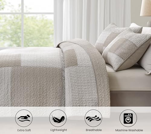 Chezmoi Collection Quinn 3-Piece Neutral Taupe Gray White Floral Hibiscus Flower Candy Stripe Patchwork Quilt Set - Pre-Washed Cotton Coverlet - Lightweight Reversible Bedspread, Queen Size Chezmoi Collection