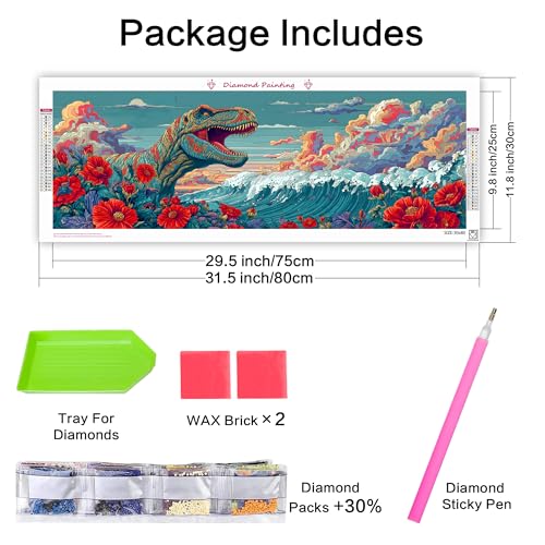 VAIIEYO 5D DIY Large Diamond Art Kits for Adults Dinosaur, Diamond Art Animal, Large Diamond Painting Kits Full Drill Round Rhinestone Craft Canvas for Home Wall Decor Gift 12x31 inch VAIIEYO
