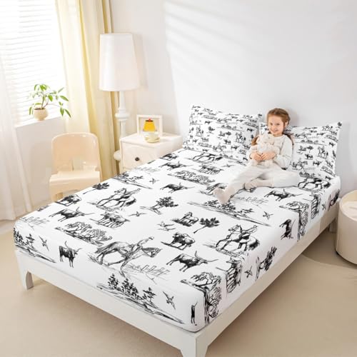 Western Sheet Set King Size Sketch Cowboy Cow and Horse Bedding Set 4Pcs Farm Animal Bed Sheet for Kids Boys Girls Adult Room Decor Black White Rustic Farmhouse Fitted + Flat Sheet,2 Pillowcase Castle Fairy