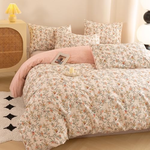 ECOCOTT Reversible Floral Duvet Cover Queen Size – 3 Piece 100% Washed Cotton Bedding Set, Soft Breathable Comforter Cover with Zipper Closure & Corner Ties ECOCOTT