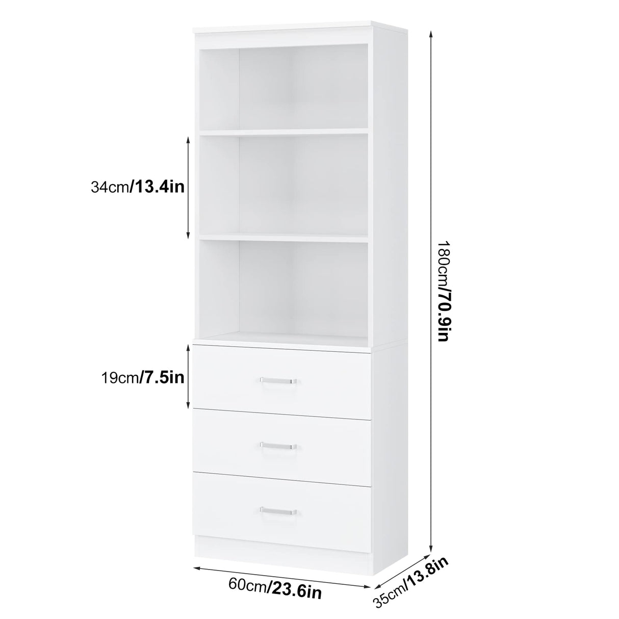 FOTOSOK 71-Inch Tall White Storage Cabinet with 3 Drawers and 3 Open Shelves FOTOSOK