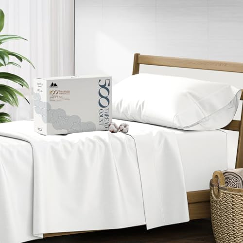 Mayfair Linen Twin Sheet Sets Cotton - 500 Thread Count 100% Cotton Twin Sheets, 3 PC (White), Luxury Soft, Breathable, Cooling, Extra Large 16" Deep Pocket Sateen Weave Bedsheet Set for Dorm Rooms Mayfair Linen