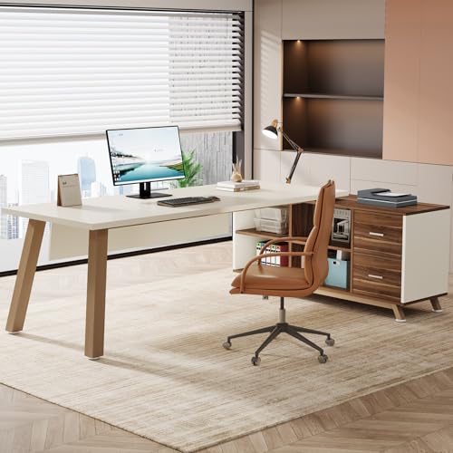 Tribesigns 78.7-Inch Executive Desk, L-Shaped Desk with 55-Inch Cabinet, Large Office Desk with Storage Shelves, Modern Computer Desk for Home Office, White & Walnut Tribesigns
