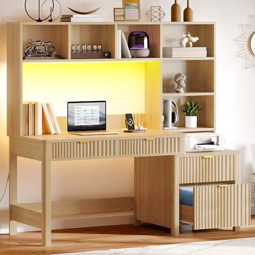 YITAHOME Computer Desk with Hutch and Drawers, 55" Office Desk with Storage Shelves and Printer Stand, Gaming Desk with Power Outlets & LED Lights, Fluted Sturdy Writing Workstation, Natural Oak YITAHOME