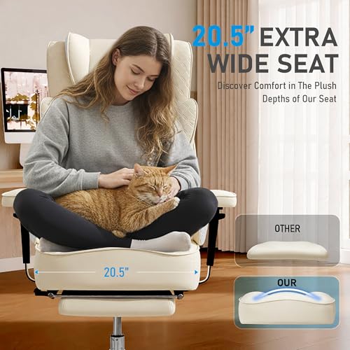 OwgeinSet Big and Tall Office Chair, Ergonomic Leather Reclining Chair with Footrest, High-Back Comfy Executive Computer Desk Chairs with Lumbar Support, Wide Seat, 400LBS (Beige) OwgeinSet