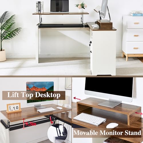 LayBurst 55" Farmhouse L-Shaped Desk with Lift Top,Movable Monitor Stand,L Shaped Standing Office Desk with Lockable Drawer & Adjustable File Drawer,Lift Top Computer Desk with Power Outlets LayBurst