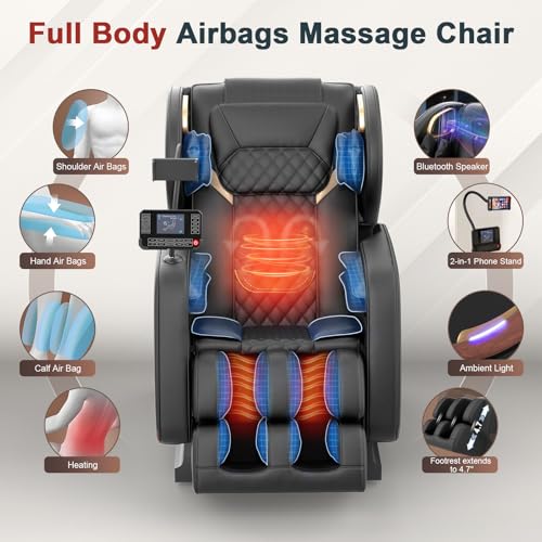 2026 Massage Chair, Massage Chairs Full Body and Recliner with 10 Fixed Points, Zero Gravity, Wood Grain Leather, Foot Massage, Airbags, Lumbar Heating, Bluetooth and Control Screen (Elegant Black) yewglen