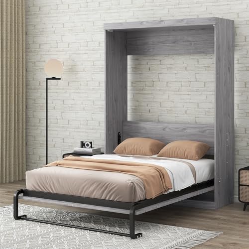 LUMISOL Full Size Murphy Bed Frame, Solid Wood Foldable Wall Bed Full Farmhouse Murphy Bed with Metal Frame, can be Folded into a Cabinet, Gray