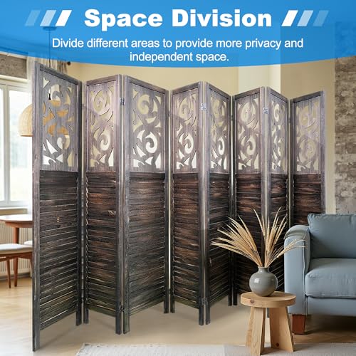 Grungis 8 Panel Room Divider 5.6FT Wood Carved Room Dividers, Folding Privacy Screens Portable Freestanding Partition Wall Dividers for Bedroom, Office, Rustic Brown Grungis