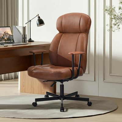 Cozyman High Back Office Desk Chair, Breathable Ergonomic Leather Chair with 5-Layer Seat Cushion with 135°Reclining Lumbar Support Adjustable Height Rolling Swivel Executive Armrests Chair, Brown