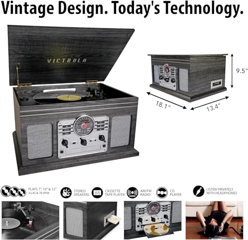 Victrola Nostalgic 6-in-1 Bluetooth Record Player & Multimedia Center with Built-in Speakers - 3-Speed Turntable, CD & Cassette Player, FM Radio | Wireless Music Streaming | Natural Victrola