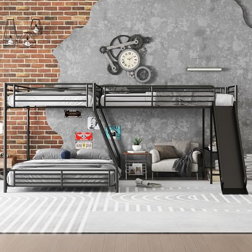 Bellemave Twin Over Full Bunk Bed Frame with Twin Size Loft Beds, Heavy Duty Triple Bunk Bed with Slide, Build in Ladder and Guardrail, L-Shaped Bunk Beds with Desk, Black Bellemave