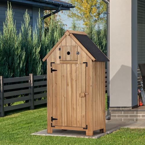 MCombo Outdoor Wood Storage Cabinet, Small Size Garden Cupboard with Door and Shelves, Outside Tools Shed for Patio (30.3"x21.2"x53.9") 0733 (Beige) MCombo