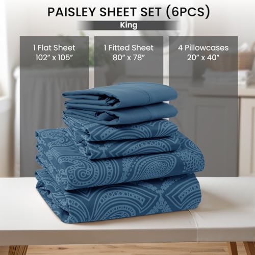 Ultra Soft Wrinkle-Free Microfiber Paisley King Sheet Set, Breathable Boho Bed Sheet Set – 16" Deep Pocket Fitted Sheet, Flat Sheet & 4 Pillowcases, Juegos de Sábanas, OEKO-TEX - Navy Blue LDC LUX DECOR COLLECTION