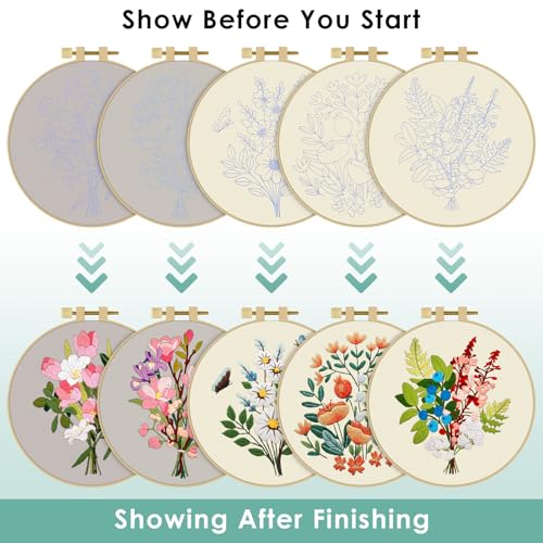 ERKOON 5 Sets Embroidery Kit for Beginners, Butterfly Cross Stitch Set for Include Embroidery Cloth Hoops Threads for Craft Lover Hand Stitch (Bouquet)