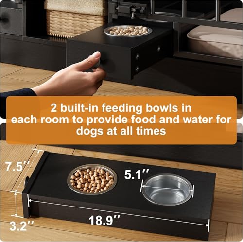 GAOMON Dog Crate Furniture for 2 Dogs, 78.7'' Large Dog Kennel Indoor with 2 Storage Drawers, 3 Shelves and Feeding Bowls, Double Dog Crate TV Stand for Small and Medium Dogs, Black GAOMON