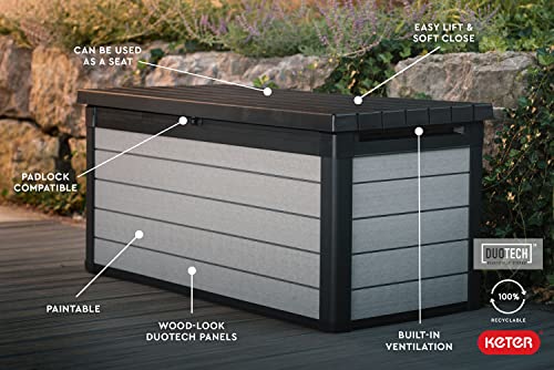 Keter Denali 150 Gallon Resin Large Deck Box-Organization and Storage for Patio Furniture, Outdoor Cushions, Garden Tools and Pool Toys, Grey & Black Keter