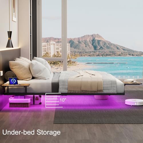 Bigu Floating Bed Frame King with Bedside Tables, Charging Station and LED Lights Metal Platform U.S. Standard, Black Bigu
