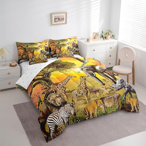 Erosebridal African Safari Animal Comforter Set Queen Size 7 Piece,Elephant Giraffe Bedding Set with Sheet Set,Zebra Cheetah Rhinoceros Bed in A Bag with Throw Pillow Covers,Reversible Erosebridal