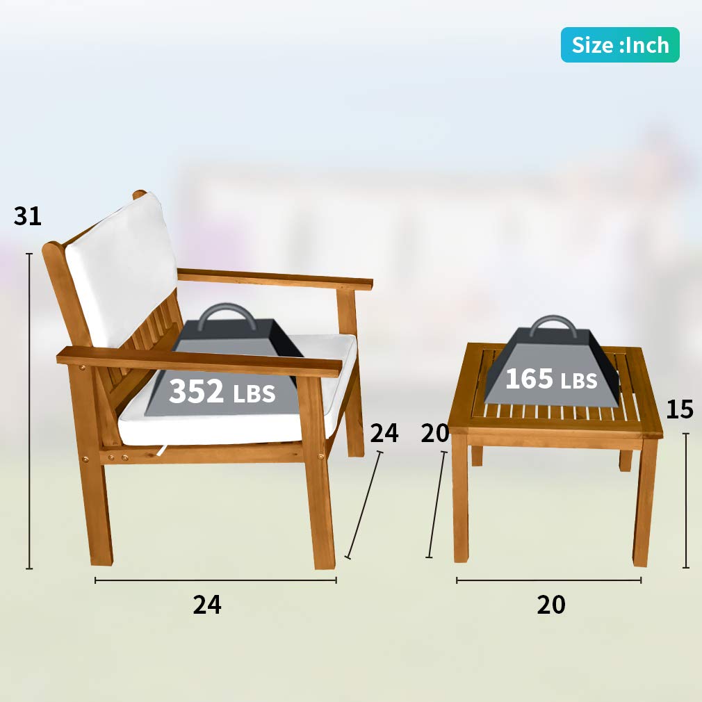 3-Piece Acacia Wood Patio Bistro Set Patio Furniture Outdoor Chat Conversation Table Chair Set Outdoor Wood Chat Set with Water Resistant Cushions and Coffee Table Chairs for Beach Backyard Garden FDW