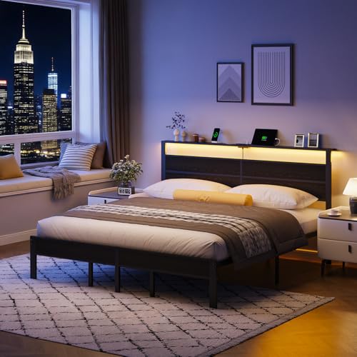 King Size Bed Frame with LED Lights and Charging Station, King Size Platform Bed with Metal Slats and Wood Headboard, No Box Spring Needed,Black Liians