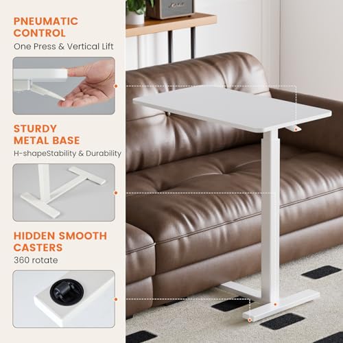 NEWBULIG Overbed Bedside Table with Wheels, Rolling Desk Adjustable Height Standing Desks with Pneumatic Control, Small Mobile Laptop Workstation, Portable Desk for Couch Tray Home Office White NEWBULIG