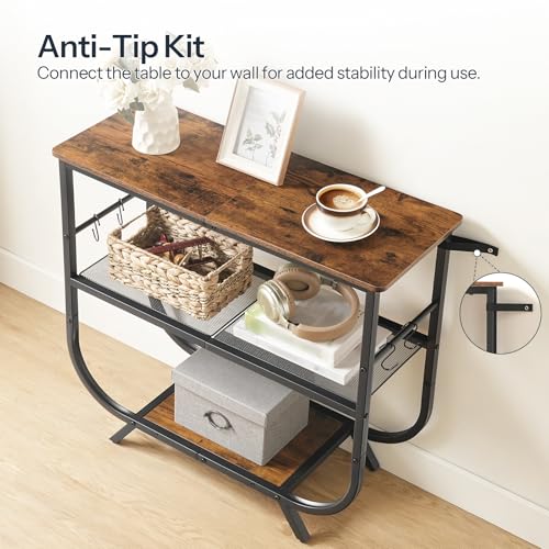 HOOBRO 3 Tier Small Console Table, 31.5" Entryway Table with Storage Shelf, Narrow Sofa Table, Behind Couch Table, Hallway Table with S-Hooks, for Living Room, Rustic Brown and Black BF63XG01 HOOBRO