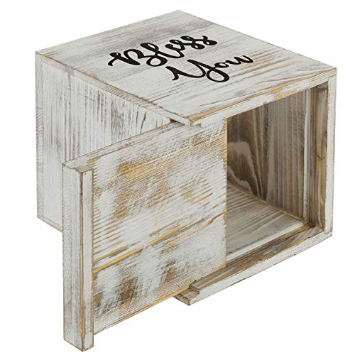 MyGift White Washed Solid Wood Square Tissue Box Cover Holder Decorative Tissue Dispenser Bath Decor with Bless You Design and Easy Refill Slide Out Bottom MyGift