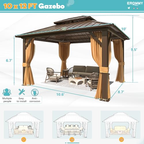 EROMMY 10' x 12' Hardtop Gazebo, Galvanized Steel Double Roof Gazebo with Aluminum Frame, Permanent Outdoor Metal Pavilion with Curtain and Netting for Patio, Lawn and Garden EROMMY