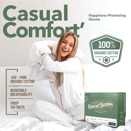 TEXAS LINEN CO. 100% Organic Cotton Sheets Queen Size - 4 PC Organic Cotton Queen Size Percale Weave Sheet Set, Soft, Cooling, Crisp & Breathable, 16" Deep Pocket Hotel Quality Bedding Set - White