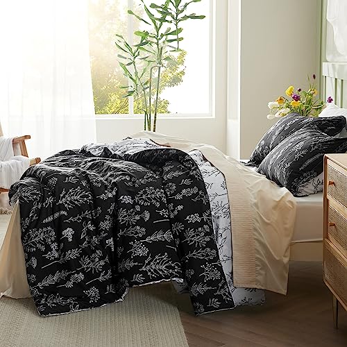 Bedsure Full Comforter Set - Black Bed Set, 3 Pieces Cute Floral Bedding, 1 Soft Reversible Botanical Flowers Comforter and 2 Pillow Shams Bedsure