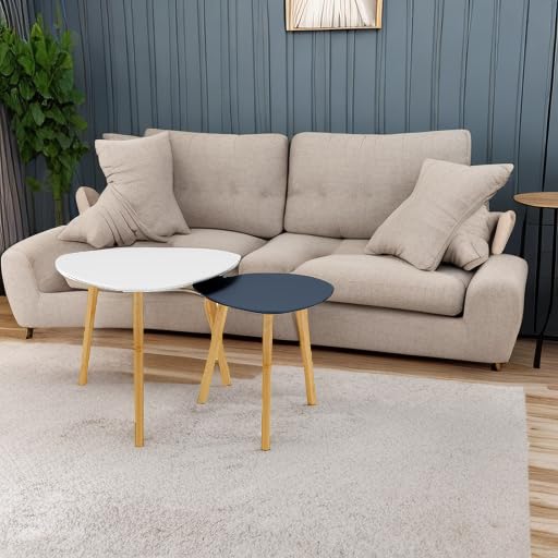 BAMEOS Bamboo Nesting Triangle End Table,Set of 2 Coffee Table Modern Minimalist Side Table for Living Room, Balcony in White & Grey BAMEOS