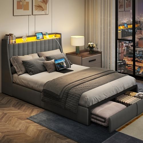 SADENICEL Full Size Bed Frame with Headboard and 2 Storage Drawers, Metal Full Bed Frame Platform with LED Light, Charging Station, No Box Spring Needed, Noise Free, Easy Assembly, Grey SADENICEL