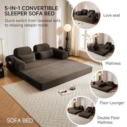 KSTNLUXQ 79" Sofa Bed, Deep Seat 32" Sleeper Sofa, 5-in-1 Convertible Sofa Bed, Boneless Couch in a Box, Corduroy Floor Futon with Thickened backrest and Headrest Pillows, Side Pockets, Brown KSTNLUXQ