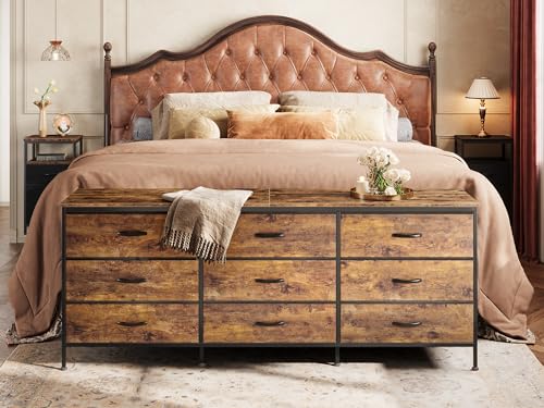 Huuger 9 Drawer Dresser, 63 Inch Dresser TV Stand for 55, 65, 70 Inch TV, Entertainment Center with Drawers, Large Long Fabric Dresser for Bedroom, Closet, Rustic Brown Huuger