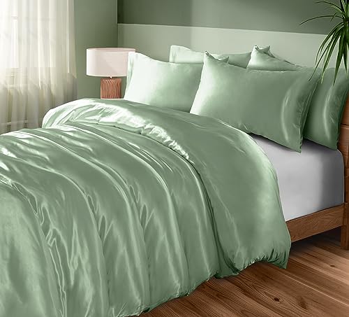 INVGEEXI 5 Pieces Satin Sage Green Duvet Cover Full/Queen Size, Luxury Silky Satin Duvet Cover Ultra Soft Comforter Cover Queen Bedding Set, 1 Duvet Cover + 4 Pillow Cases INVGEEXI