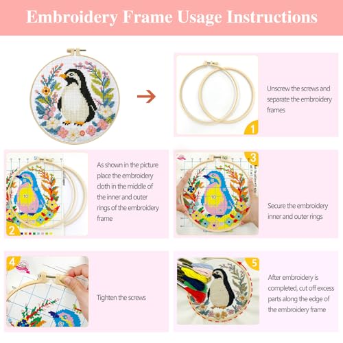 Zhenqing 4-Piece Animal Cross Stitch Kit for Beginners - Complete Set with Pre-Printed 11CT 24x24cm Fabric, Hoop & Tools (Penguin, Sloth, Cow, Deer Designs)(70405)