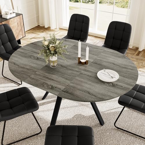 HIPIHOM Extendable Round Dining Table Set for 6 People, 43.3"-59.1" Extendable Kitchen Table with 6 Upholstered Chairs, Space Saving for Kitchen Dining Room (Grey Table+6 U-Shaped Black Chairs) HIPIHOM