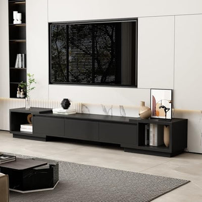 Timechee Black TV Stands for Living Room, Extendable Under TV Table Stand Cabinet with Drawers, Entertainment Center with Storage, Modern Entertainment Media Console Center for Living Room, Bedroom