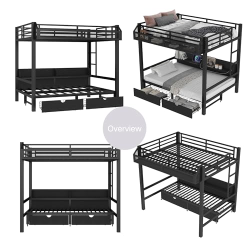 Full over Full Bunk Bed with Storage Drawers and Shelves, Metal Bunk Beds with Lights and USB Ports, Convertible Lower Bunkbed Full for Guest Room, Bedroom, Dorms, Multi-function and Noise-free, Black Bellemave