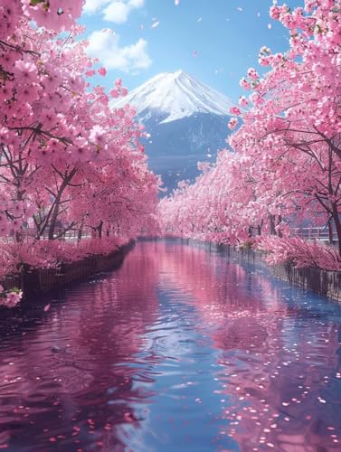 5D Diamond Painting Fuji Mountain Diamond Art Kits for Adults, Cherry Blossoms Diamond Art Kits, Square Drill Diamond Painting, DIY 5D Diamond Dots Gem Art Paintings, Home Wall Decor 20x28in a-I Peepezo