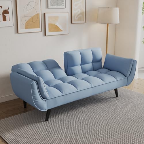 Majnesvon Velvet Futon Sofa Couch Bed with 2 Pillows, Convertible Folding Futon Couch with Adjustable Backrest, Love Seat Sleeper Sofa Bed for Small Spaces, Living Room, Office, Apartment (Blue) Majnesvon