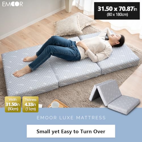 EMOOR Luxe Tri-Fold Compact Mattress (71 x 32 in) Gray, Urethane Removable Cover Outdoor Camping Portable Guest Handles Japanese Futon Mattress Tatami EMOOR