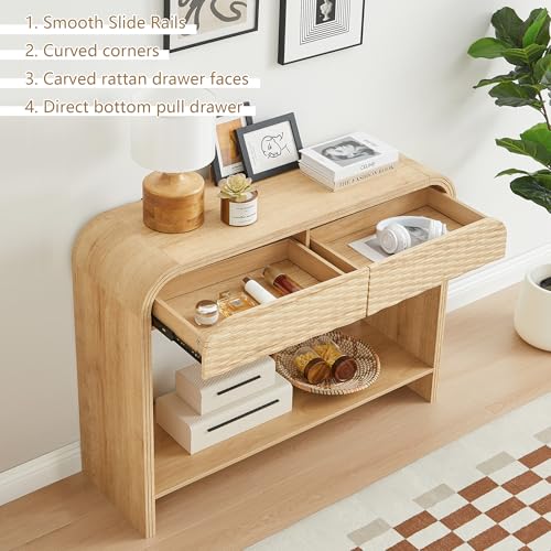affeivul Curved Console Table Arch with Storage, Narrow Entryway Table with Drawers, 43.3'' Couch Table Behind Sofa Long and Skinny for Living Room TV, Hallway Entrance Foyer, Mid Century Boho Rattan affeivul