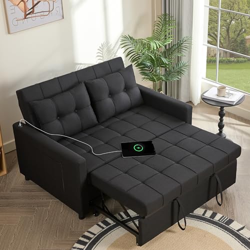 GOSUHI 52" Sleeper Sofa with Pull-Out Bed, 3-in-1 Convertible Sofa Bed, Set of Loveseat with Stepless Adjustable Backrest and Side Pocket, for Living Room Dorm Apartment, Linen, Black GOSUHI