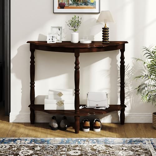 Giantex 42" Half Moon Console Table, 2-Tier Semi-Circle Entryway Table with Storage Shelf & Carved Rubber Wood Legs, Vintage Round Curved Sofa Tables for Living Room, Hallway, Entrance Giantex